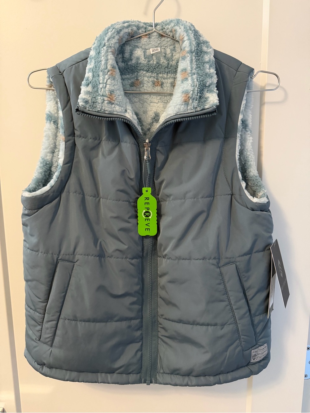 Free Country Light Blue Reversible Puffer Vest with Sherpa Lining